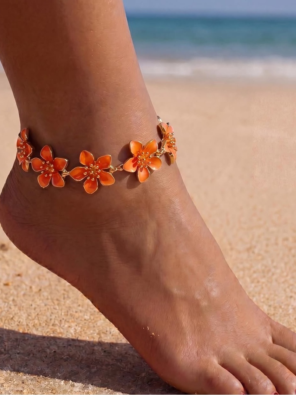 Anthropologie Orange Floral Link Anklet